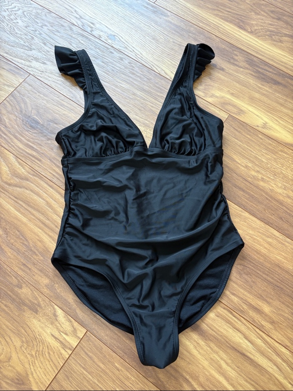 Kona Sol Women’s Black One Piece Swimsuit with Ruffle Shoulders Size L